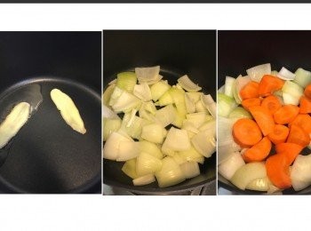 step4: 大火，下油。
爆香薑片，洋蔥塊同甘筍。