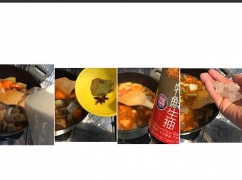 step6: 加水蓋過所有材料。
加入月桂葉，八角，生抽同冰糖。
