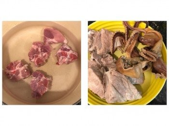 step2: 排骨頭洗淨，放入盛有清水的煲內，開大火煲滾，再將已浸洗的鱆魚放入，見白泡浮起後熄火，撈起材料過冷河