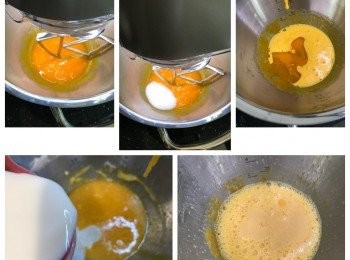 step2: 用中速打散蛋黃，加入糖打鬆後，加入菜油打/拌勻，之後加入鮮奶打/拌勻