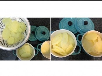 step4: 薯片瀝乾水。
一片片放入小焗盤。薯片與薯片之間要留有空間。