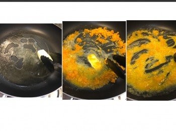 step5: 小火。牛油開鑊。
之後加入鹹蛋黃。
一路小火攪拌直至起泡。