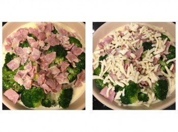 step5: 所有材料倒進盛有西蘭花的焗碟中，鋪上芝士
180度焗12分鐘