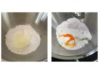step1: 除牛油外，先將乾材料放入盤內用慢速搞勻，加入濕材料（留起30g鮮奶逐少加入）用1速攪3分鐘，之後轉2速攪3分鐘
   **注：酵母也可先用10g水搞勻，與其他濕材料一起放入盤內