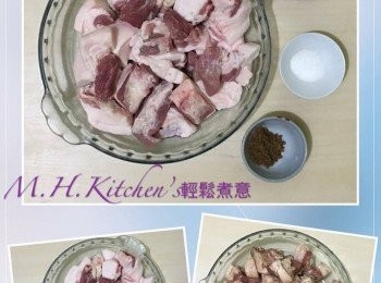 step5: 雪櫃取出已醃過夜的五花腩肉和已洗好的鹹蛋黃
