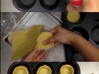 step6: cupcake模具噴或掃上油
將雪好的撻底和撻邊分別放入(撻邊有多餘的<span class="group_1">撻皮</span>用剪刀剪掉)，再入雪櫃15分鐘並開始預熱焗爐160 °C