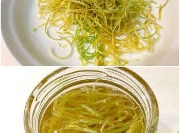 step8: 果皮用海綿在流動的水中仔細徹底刷洗乾淨，再用清水清洗至少三次， 用果皮專用刮刀把外皮刮下（ 不要刮到白膜，白膜會苦！）把外皮放入玻璃瓶中，倒入蘭姆酒（蓋過果皮即可）或用醋、糖漿代替！放入冰箱冷藏保存