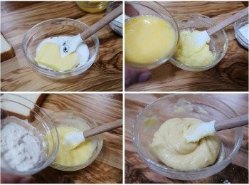 step2: 回復室溫無鹽奶油和細砂糖拌勻，加入打散全蛋液10g再拌均勻，
然後添入已過篩高筋麵粉和奶粉拌勻成無粉粒殘留的抹醬