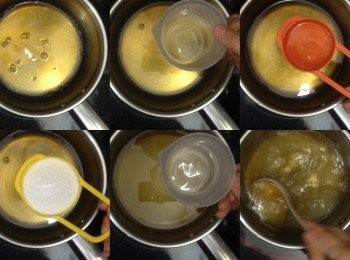step1: 先將汁料全部下鍋，小火拌煮至糖融，