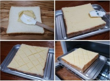 step3: 將調製好抹醬平均塗抹於厚片吐司上，用方便工具輕壓出格紋線