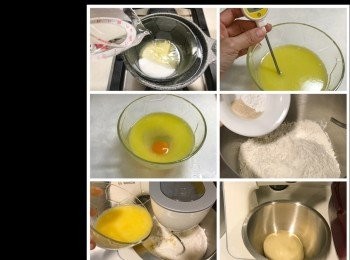 step1: 牛油50克、糖50克和清水125ml, 放進容器內， 隔熱水攪拌至完全溶化，然後取出待涼至不燙手（約30-40C), 再打一隻雞蛋進去攪勻備用。

把中筋麵粉、酵母和泡打粉放入廚師機的容器內，用低速稍為拌勻，把以上蛋漿溶液倒進去， 用中速拌至成團，再進行第一次發酵至兩倍大。如沒有廚師機， 用手搓麵團至光滑也可以。