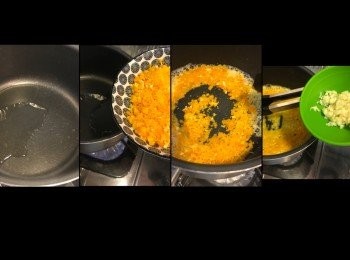 step5: 大火。落油。
油熱，轉小火。
加入鹹蛋黃，慢慢攪拌起泡。
再加入蒜蓉。