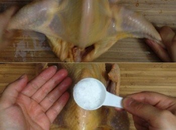 step2: 先幫雞按一按摩，再用粗鹽將內腔、外殼都抹均勻