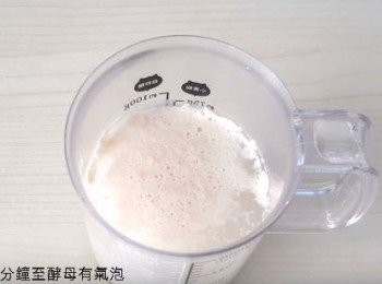 step1: 酵母加入水中, 加—茶匙糖拌匀, 等大約5 - 8 分鐘至酵母有氣泡