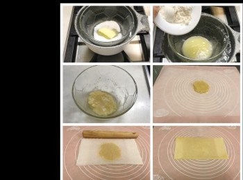 step2: 等待麵團第一次發酵時， 可以做<span class="group_2">油酥</span>。

把牛油20克和糖30克， 隔熱水煮至溶化，再加2湯匙中筋麵粉稍拌一下，把容器取出，再進一步把所有拌勻。

準備烘焙紙， 把<span class="group_2">油酥</span>放上去， 包成12x24cm大小，然後趁熱把<span class="group_2">油酥</span>擀平， 待涼備用。