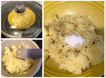 step2: 薯仔去皮切粒，蒸30分鐘，趁熱壓成蓉，加入鹽、牛油、黑椒碎撈勻