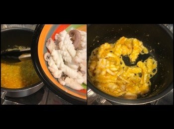 step6: 然後加入已汆水嘅魷魚。
慢慢攪拌約3分鐘。
期間可能魷魚出水至收乾。