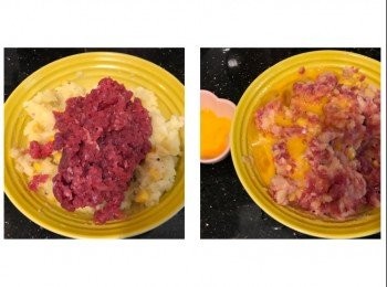 step4: 牛肉用調味料醃10分鐘
將牛肉與薯蓉撈勻，加入蛋汁撈勻
