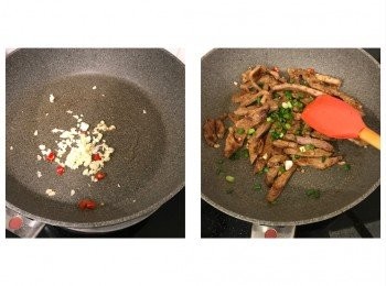 step4: 落1湯匙油將蒜蓉、辣椒粒爆香，將豬扒回鑊，落葱粒，灑味椒鹽兜勻，即可上碟