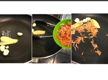 step3: 大火，落油，下薑片蒜頭爆香。
之後加入櫻花蝦炒香。