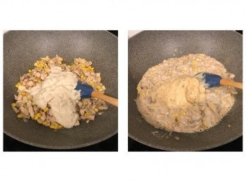 step5: 將忌廉蘑菇湯加入兜勻，最後將特濃蘑菇加入，兜勻