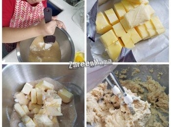 step1: 先將糖類拌勻。牛油打發前先從雪櫃拿出。切成粒狀。 將牛油加入糖，打勻。