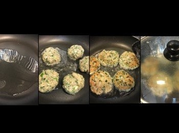 step4: 大火落油，多少少。油滾轉小火。放入鯪魚波，慢煎約5分鐘，慢慢壓扁。會有點痴鑊鏟。
睇下底部，金黃反另一邊，再慢煎，壓扁。之後蓋蓋。繼續小火約3分鐘。