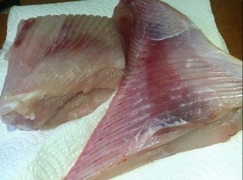 step1: 材料：
魔鬼魚 2件(約重500g)
海鹽 適量
檸檬胡椒(Lemon Pepper）適量
鷹粟粉 適量