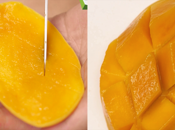 step1: 方法1：
切開芒果，在芒果肉上劃井字花紋，反起果肉，
