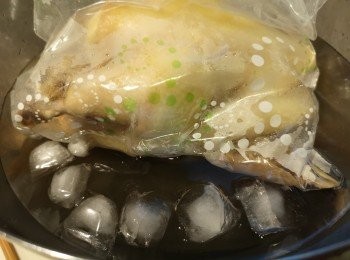 step6: 雞隻入保鮮袋後封口，將雞放入冰水盆，當雞隻冷卻後即完成過冷河。