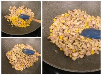 step4: 先後將粟米粒，蘑菇片加入炒勻