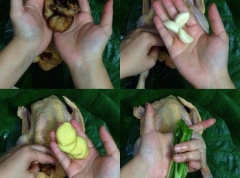 step6: 預熱焗爐230度
將醃好的雞放上荷葉，把冬菇、蔥、薑依次塞入雞內腔，再將<a href="https://bit.ly/3kLFTWO" target="_blank" data-keyword="雞腳" class="guide-link"><strong>雞腳</strong></a> <span style="display:inline-block;vertical-align:middle;margin-top:-3px;color:initial;border-radius:3px;padding:2px 3px;font-size:12px;line-height:14px;background:#87d300;color:#fff;">即買</span> 屈入封口