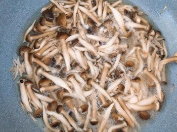 step5: 加少許的鹽來加速產出菇類的精華水，加上油轉中火快速炒一下再加水去煮，炒好盛起來備用