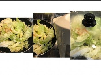 step4: 落椰菜兜勻。
加水（約三湯匙）蓋蓋，焗約一分鐘。