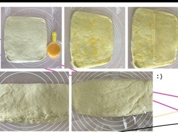 step4: 麵團經過第二次發酵至兩倍大後，取出來再搓勻， 把麵團擀開至25x25cm大， 全面掃上蛋漿，把<span class="group_2">油酥</span>放在離邊位1至1.5cm的位置， 然後把麵團對摺， 並在長邊位置按壓收邊（可以用包餃子的摺邊法）， 左右兩邊不用， 然後用保鮮紙覆蓋，讓麵團醒發1～1.5小時。