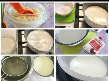 step15: <span class="group_2">牛奶布甸蛋糕</span>部分：

取部分鮮奶把4湯匙魚膠粉稍為拌勻，然後隔熱水座溶備用。

把餘下鮮奶份量，平均分為兩份， 其中一份放60克糖， 用中火煮糖至溶化，見周邊剛出現泡泡便離火， 把魚膠溶液倒進去，攪拌至完全融合， 最後把餘下的鮮奶和淡忌廉加進去，再拌勻、隔篩待涼備用。