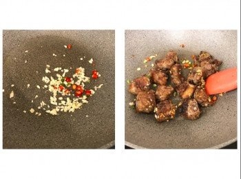 step4: 落1湯匙油將蒜蓉、辣椒粒爆香，將豬肋骨回鑊，落葱粒，灑味椒鹽兜勻，即可上碟