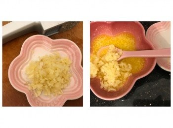 step3: 蒜頭切或壓成蓉，牛油用微波爐叮15-20秒成為溶液，兩種材料撈勻