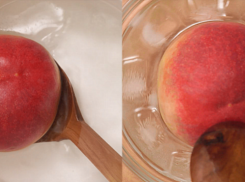 step1: 冷熱剝皮法1：
放水蜜桃在熱水浸10-20秒，再放水蜜桃在冰水浸10-20秒。