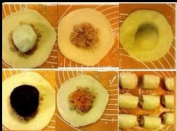 step4: 放上肉松（10克），已烤熟的咸蛋黄（半粒），麻薯（17克），红豆蓉（24克）包起來收口捏紧，朝下放。