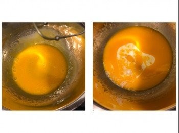 step3: 先打散蛋黃，之後加入菜油打至混合，再加入鮮奶(微暖）打勻
