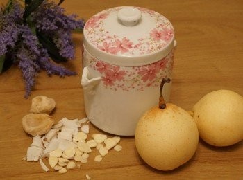 step3: 將所有材料放入燉盅（如果材料少一點可以放入梨子內），注入兩碗室溫水及少許冰糖，隔水燉一小時取出即成