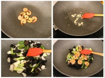 step3: 落一湯匙油將蝦仁炒熟，變色即拿起，原鑊爆香蒜蓉，加入露荀、水兜炒一會（這時可加少少鹽調味），之後將雲耳、百合加入一同炒至熟透，將蝦仁回鑊，加入XO醬快手兜勻，即可上碟享用