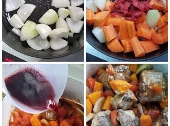 step3: 鍋內加入橄欖油，先炒洋蔥及蘿蔔。
加入蕃茄，及茄膏炒香。
加入水 （先加120毫升）及紅酒。再放牛湯味濃湯寶。