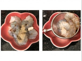 step2: 蝦仁解凍後沖洗一下，用胡椒粉、鹽及紹興酒醃10分鐘，瀝乾水份備用