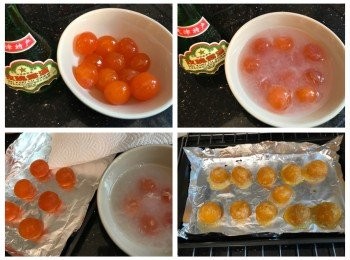 step5: 四、咸蛋黃
咸蛋黃用玫瑰露酒浸2分鐘，用廚房紙抹去附在蛋黄上的蛋白，放入已預熱焗爐160度焗8分鐘