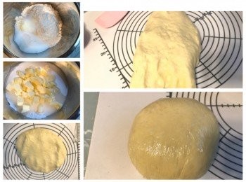 step2: 一、油皮麵糰
牛油回温切小塊；
中筋麵粉、糖粉及奶粉撈勻；
加入牛油及水，用手混合成糰；
取出放在枱面用手掌根部搓揉幾分鐘成為一個柔軟麵糰，用保鮮紙蓋著，醒置40分鐘