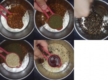 step1: 先將辣椒粉、花椒粉、芝麻、麻油拌勻備用
蔥洗淨切去根部，薑去皮切片，蒜頭輕拍爛再去皮備用