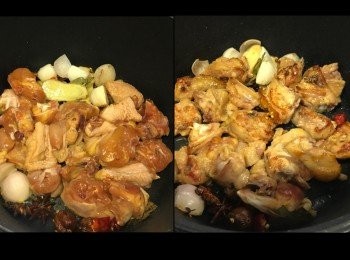 step5: 之後加入雞件轉小火，煎香兩面金黃。