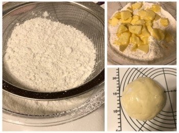 step3: 二、酥皮麵糰
牛油回溫切小塊；
低筋麵粉過篩，加入牛油用手混合成糰；
用保鮮紙包著放雪櫃備用